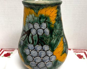 Mid century Italian pottery textured vase artist signed purple grapes yellow green leaves