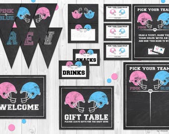 Football Gender Reveal Party, gender reveal games, gender reveal decorations, signs, pink vs blue, gender reveal decorations, chalkboard