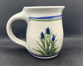 Handmade vintage artist signed studio pottery stoneware coffee mug , hand painted blue iris design