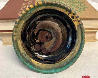 Handmade artisan signed studio pottery trinket dish , Underplate, multicolored brown , green , metallic glaze