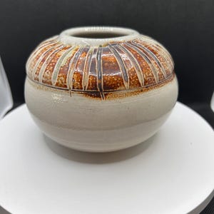 Vintage round bulbous signed studio pottery vase , Danish style , two tone glaze , textured ribbed upper smooth lower