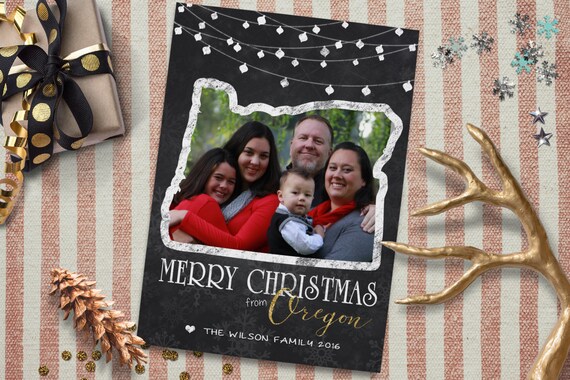 Oregon Christmas Cards, Merry Christmas Oregon, Chalkboard Christmas Cards, Christmas Photo Card, Gold Glitter, Family Christmas Card Il_570xn