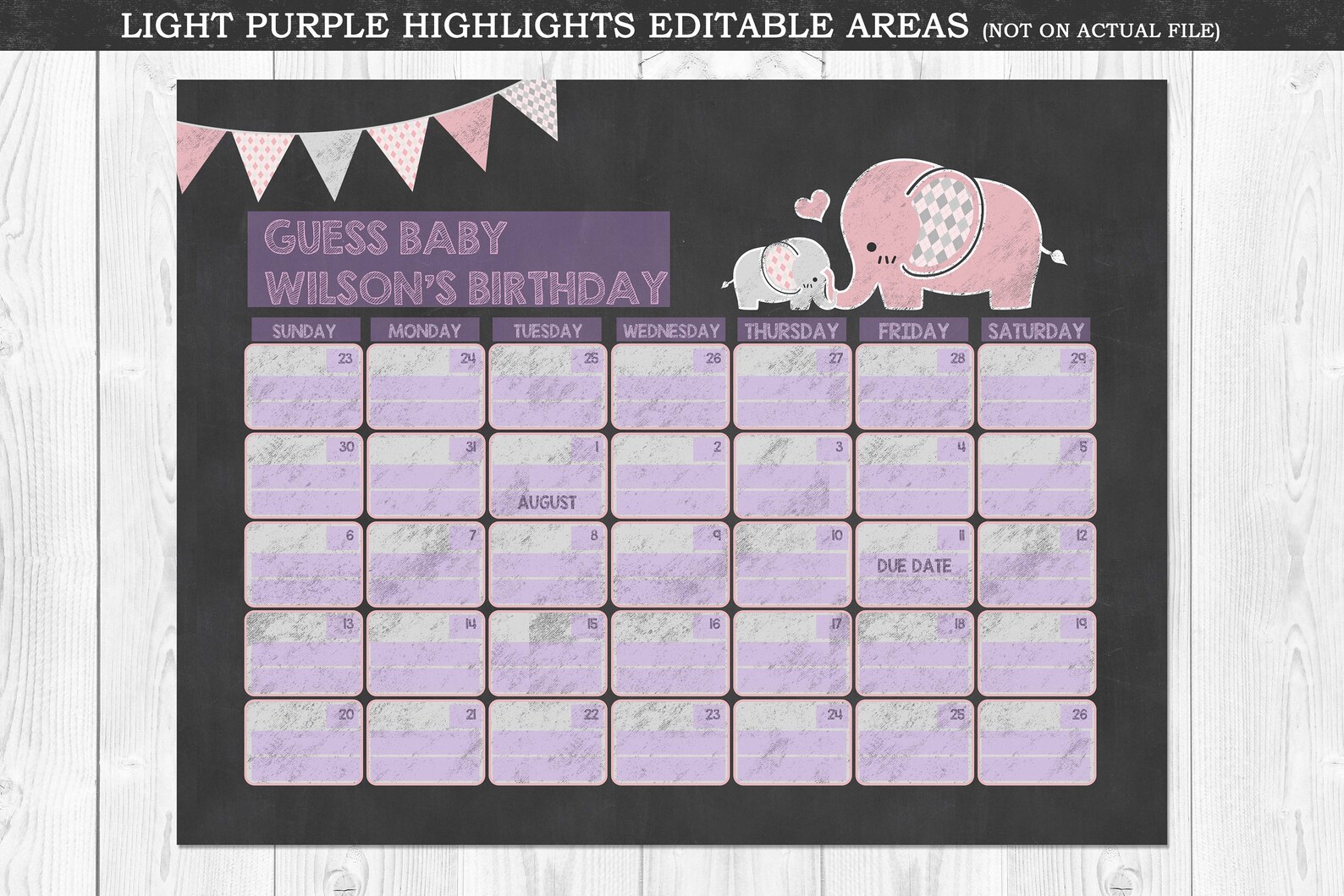 Girl Elephant Baby Due Date Calendar Pink Elephant Baby Etsy