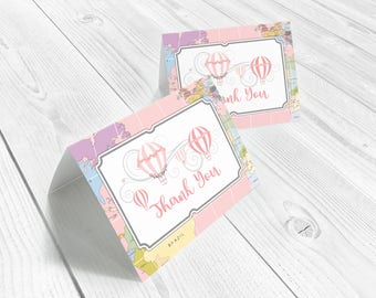 Pink hot air balloon thank you cards, World travel thank you cards, Adventure awaits shower, Pink, Gray, printable, instant download