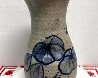 Vintage large stoneware pottery ceramic vase pitcher ,rustic earthy speckled glaze ,hand painted blue floral motif , possibly 19th century