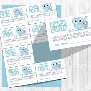 Blue owl diaper raffle tickets, Blue diaper raffle game, Owl diaper raffle inserts, Owl baby shower, owl, Boys diaper raffle tickets image 1