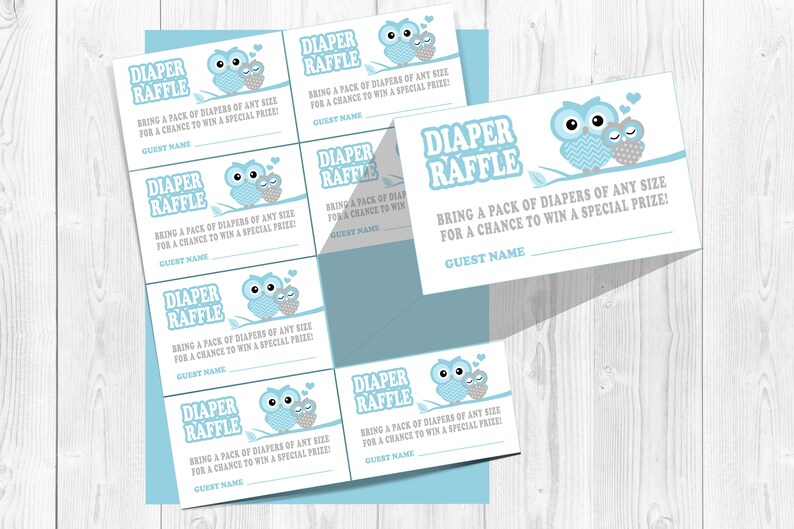 Blue owl diaper raffle tickets, Blue diaper raffle game, Owl diaper raffle inserts, Owl baby shower, owl, Boys diaper raffle tickets image 1