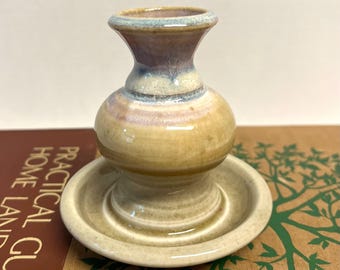 Vintage handmade studio pottery candlestick holder two toned blue and cream beige drip glaze