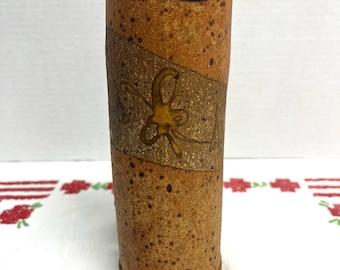 Vintage cylindrical studio art pottery stoneware speckled glaze vase dragonfly motif