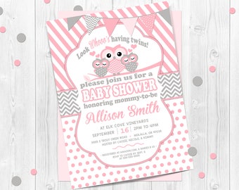 Twins Owl Baby Shower Invitation, Owl Invitation for Twins, Twins Baby Shower Invitation, Baby Owl, Owl, Pink, Chevron, Owl baby shower