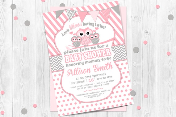 Twins Owl Baby Shower Invitation, Owl Invitation for Twins, Twins Baby Shower Invitation, Baby Owl, Owl, Pink, Chevron, Owl baby shower Il_570xn