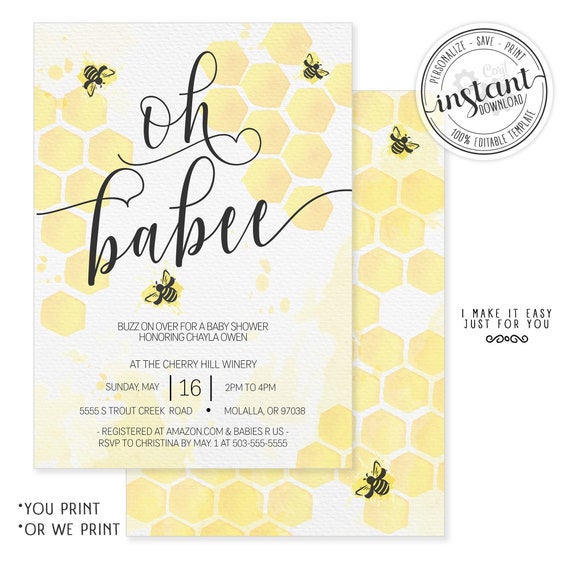 Oh Baby Baby Bee Shower Invitation, Printable Baby Shower Invitation Template, Gender Neutral, oh babee, honetcomb Il_570xn
