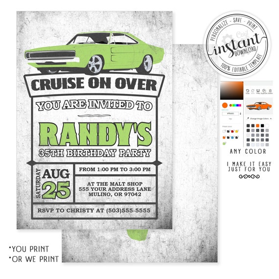 Dodge Charger Birthday Invitation, 68 Dodge, Hot Rod Birthday Invitation, Hot Rod, Birthday Party, HotRod Invitation, 70 Charger, Corjl Il_570xn