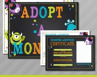 Adopt a Monster certificate and sign, Monster Birthday, Monster adoption certificate, Chalkboard Monster Instant download, Printable Digital