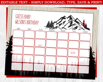 Baby Due Date Calendar, Adventure Baby Shower, Forest, Baby Shower Game, Baby Boy, Guessing Game, Instant Download, Editable, Red, PDF