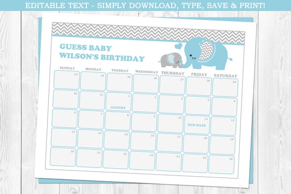 Elephant Baby Due Date Calendar, Elephant Baby Shower, Blue Elephant, Baby Shower Game, Baby Boy, Guessing Game, Instant Download, Editable Il_570xn