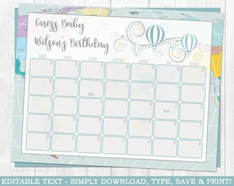 Boy Balloon Baby Due Date Calendar, Adventure baby shower, Adventure awaits, Baby shower calendar, Instant download, Editable, Blue