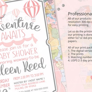 Adventure awaits, baby shower invitation, world baby shower invitation, girl baby shower invitation, hot air balloon, Printable Invitation image 2