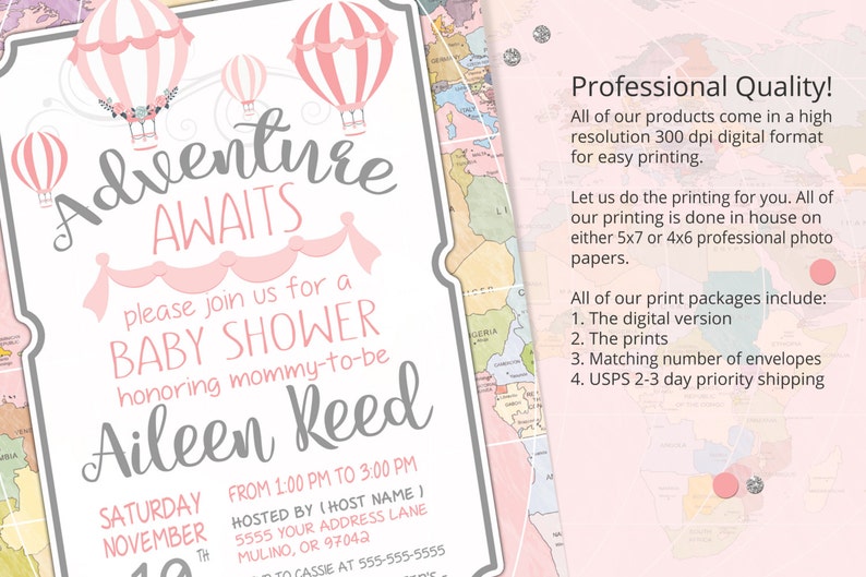 Adventure awaits, baby shower invitation, world baby shower invitation, girl baby shower invitation, hot air balloon, Printable Invitation image 2