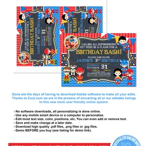 Superhero Invitation Photo Superhero Birthday Superhero Birthday Invitation Superhero Party Superhero Printable Invitations Super hero corjl image 4