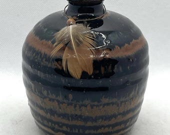 Vintage Roger Butler Feather River Black Brown Studio Art Pottery Stoneware Bud Vase Signed