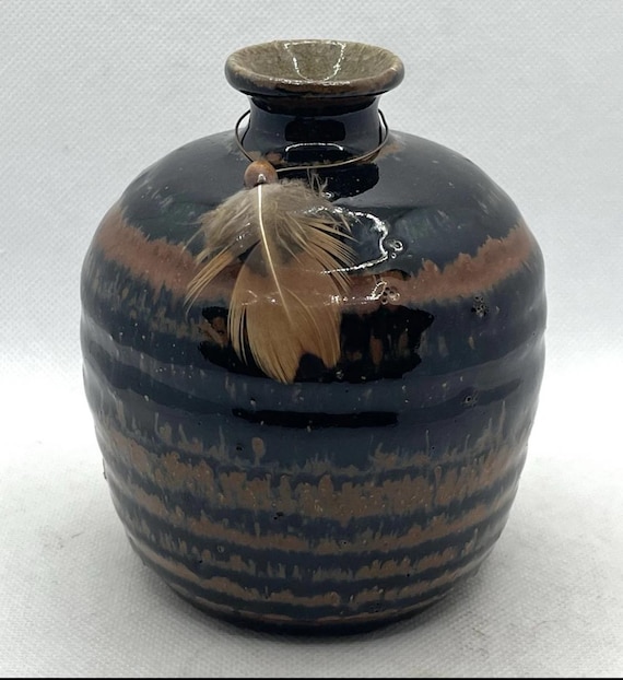 Vintage Roger Butler Feather River Black Brown Studio Art Pottery Stoneware Bud Vase Signed