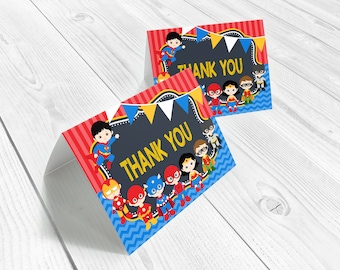 Superhero kids thank you cards folded card template Superhero red and blue folded cards instant download