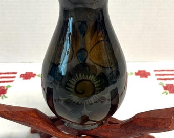 Vintage Mexican Tonala pottery vase featuring hand painted folk art floral motifs