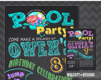 Pool party invitations - pool birthday invitations - Summer party - Pool party birthday invitation - Chalkboard invitation