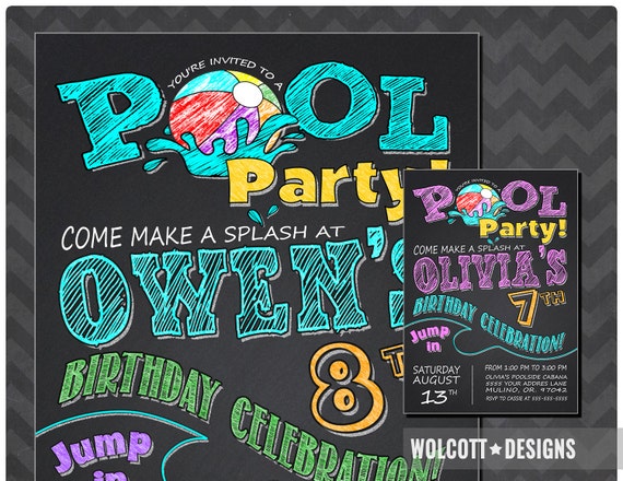 Pool party invitations - pool birthday invitations - Summer party - Pool party birthday invitation - Chalkboard invitation Il_570xn