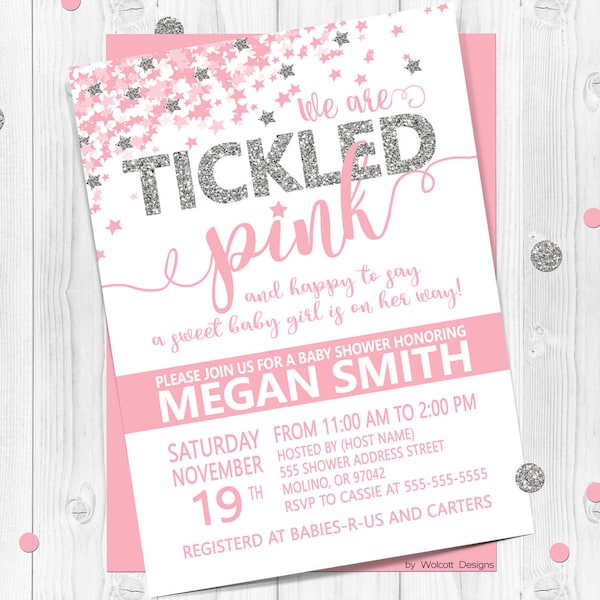 We are tickled pink baby shower invitation, Confetti baby shower invitation, Tickled pink invitation, Pink and silver Silver and pink shower