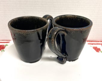 Vintage black glaze studio art pottery stoneware small coffee espresso mugs pair of 2 scroll handle , mug set