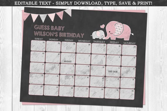 Girl Elephant Baby Due Date Calendar, Pink Elephant Baby Shower, Elephants, Baby Shower Calendar, Guessing Game, Instant Download, Editable Il_570xn