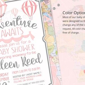 Adventure awaits, baby shower invitation, world baby shower invitation, girl baby shower invitation, hot air balloon, Printable Invitation image 4