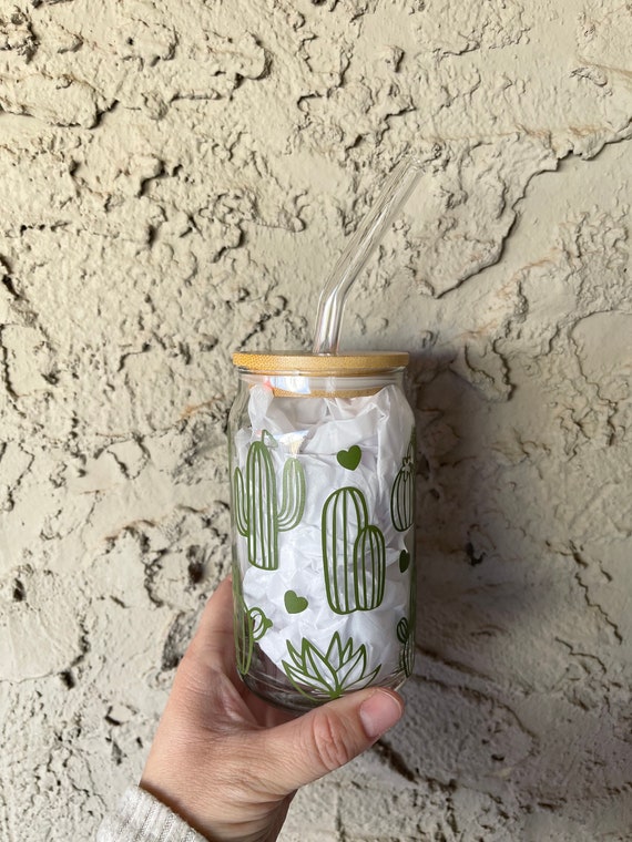 Cute Cactus Beer Can Iced Coffee Glass Cup With Lid and Straw 