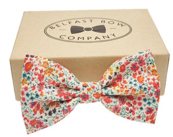 Liberty Bow Tie in Orange, Navy, Yellow Floral - Pre-Tied Boys Sizes & Pocket Square available