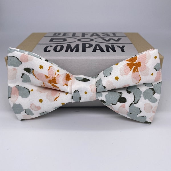 Boho Blooms Bow Tie in Blush Petals - Sage Green Pale Pink  - Pre-Tied, Self-Tie, Boy's sizes, Pocket Square & Cufflinks