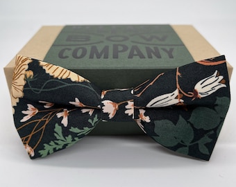 Boho Blooms Bow Tie in Deep Green Autumn Garden - Off-White, Sage, Orange - Pre-Tied, Self-Tie, Boy's sizes, Pocket Square & Cufflinks