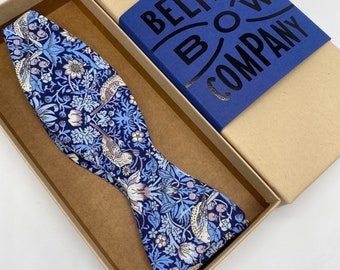 Liberty Self-Tie Bow Tie in Navy Blue Strawberry Thief Birds Motif - Matching Pocket Square & Cufflinks available