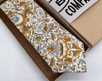 Liberty Tie in Mustard, Gold and Blue Scrolling Motif - Matching Pocket Square & Cufflinks available