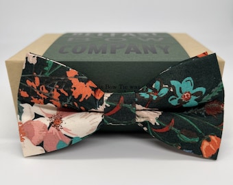 Boho Blooms Bow Tie in Green Floral - Dark Green Blush Pink Burnt Orange - Pre-Tied, Self-Tie, Boy's sizes, Pocket Square & Cufflinks