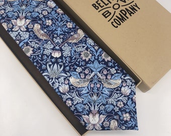 Liberty Tie in Navy Blue Strawberry Thief - Matching Pocket Square & Cufflinks available