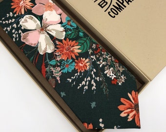 Boho Blooms Tie in Green Floral - Dark Green, Blush Pink, Burnt Orange - Matching Pocket Square & Cufflinks available