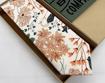 Boho Blooms Tie in Off- White Autumn Garden - Dark Green Blush Soft Orange - Matching Pocket Square & Cufflinks available