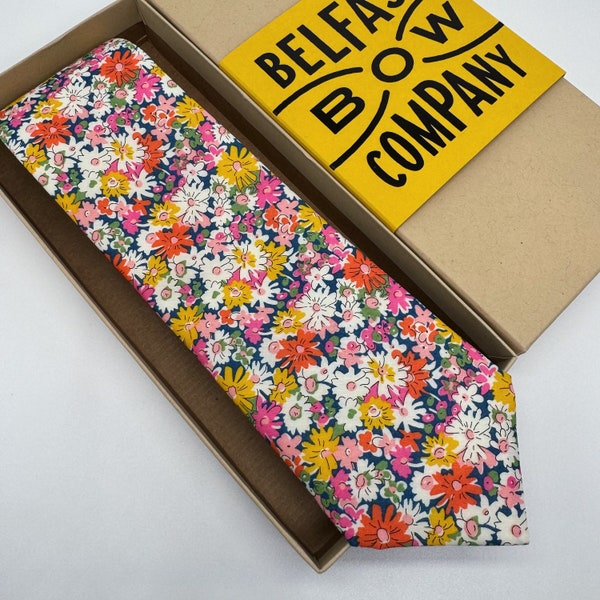 Liberty Tie in Yellow, Navy, Pink and Orange Floral Daisies - Matching Pocket Squares & Cufflinks available