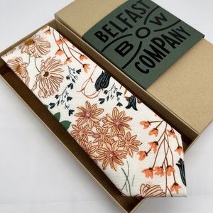 Boho Blooms Tie in Off- White Autumn Garden - Dark Green Blush Soft Orange - Matching Pocket Square & Cufflinks available