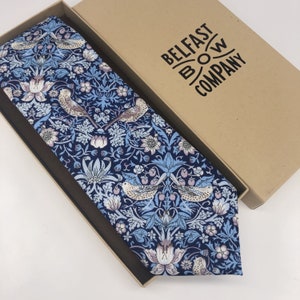 Liberty Tie in Navy Blue Strawberry Thief - Matching Pocket Square & Cufflinks available