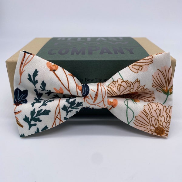 Boho Blooms Bow Tie in Off-White Autumn Garden - Dark Green Blush Soft Orange - Pre-Tied, Self-Tie, Boy's sizes, Pocket Square & Cufflinks