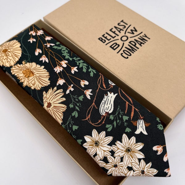 Boho Blooms Tie in Deep Green Autumn Garden - Off-white, sage, orange - Matching Pocket Square & Cufflinks available