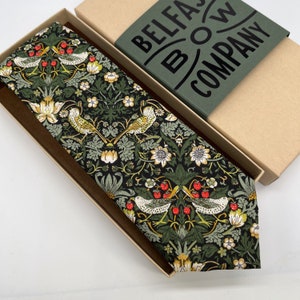 Liberty Tie in Dark Green Strawberry Thief Birds Motif - Matching Pocket Square & Cufflinks available